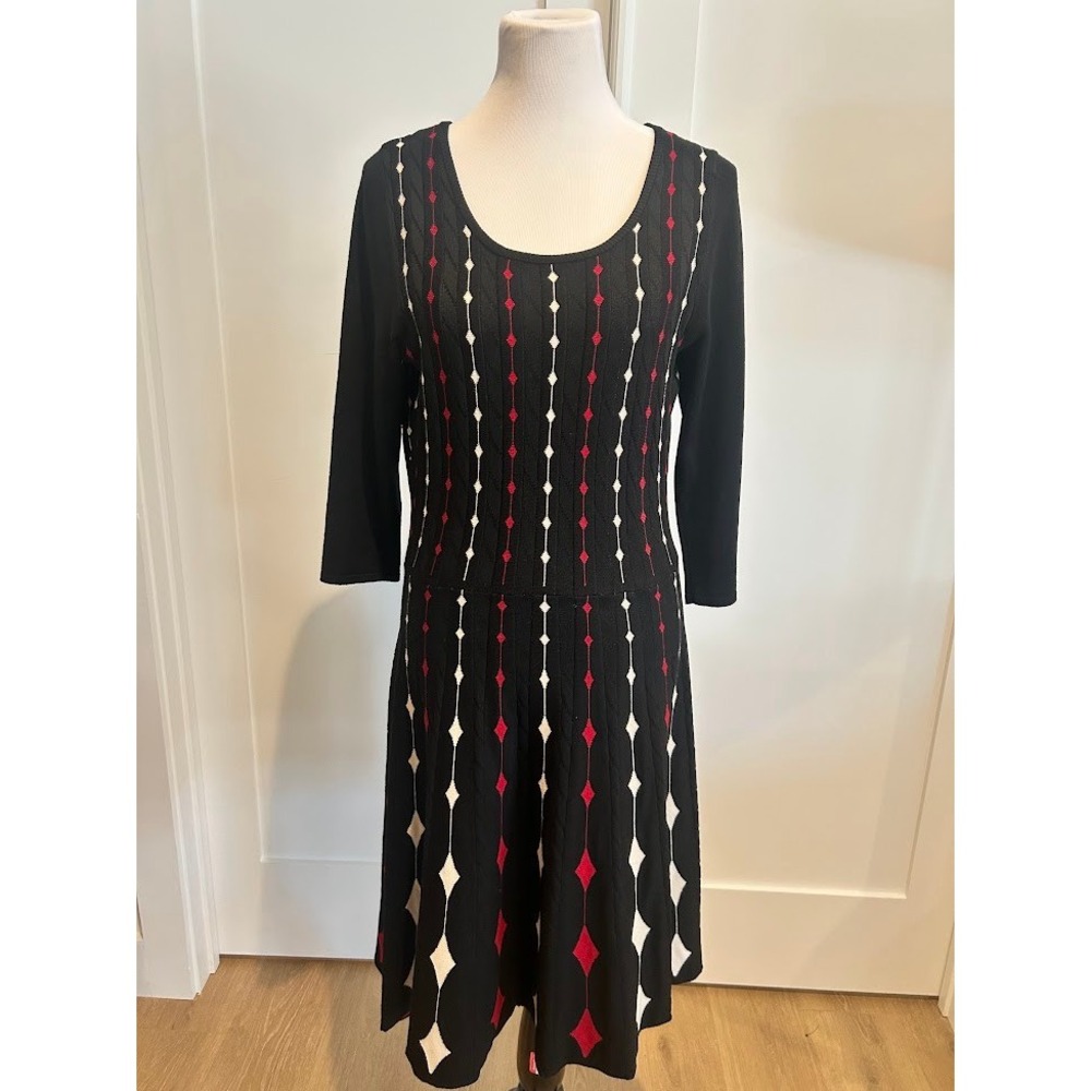 Danny and Nicole Black Red White Diamond‎ Knit Sweater Dress Size L